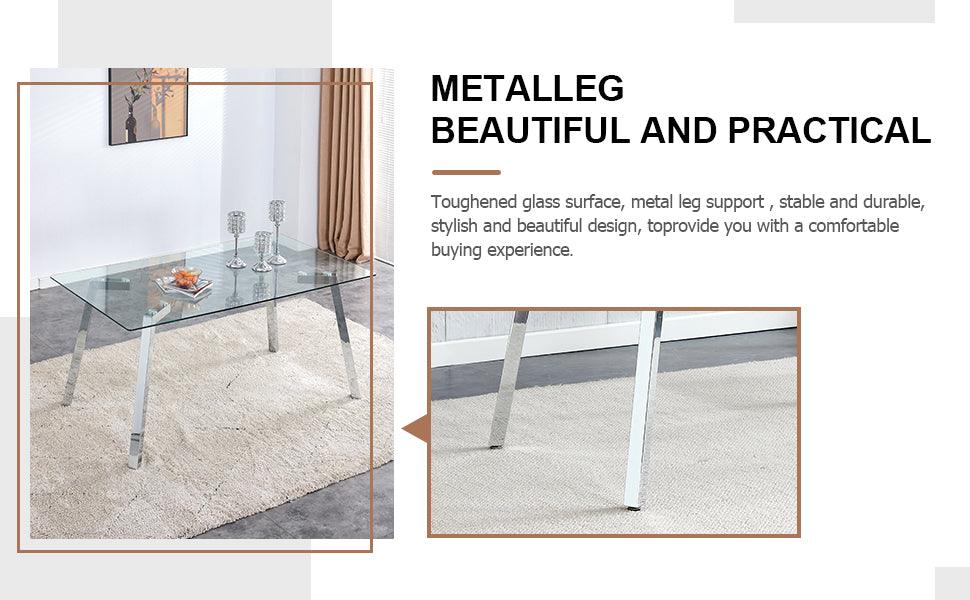 A modern minimalist rectangular glass dining table with tempered glass tabletop and silver metal legs - FurniFindUSA