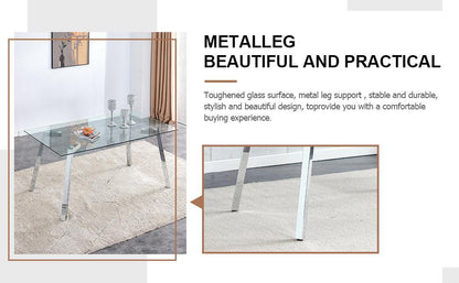 A modern minimalist rectangular glass dining table with tempered glass tabletop and silver metal legs - FurniFindUSA