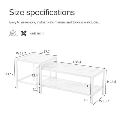 Modern Nesting coffee table Square & rectangle,Black metal frame with wood marble color top