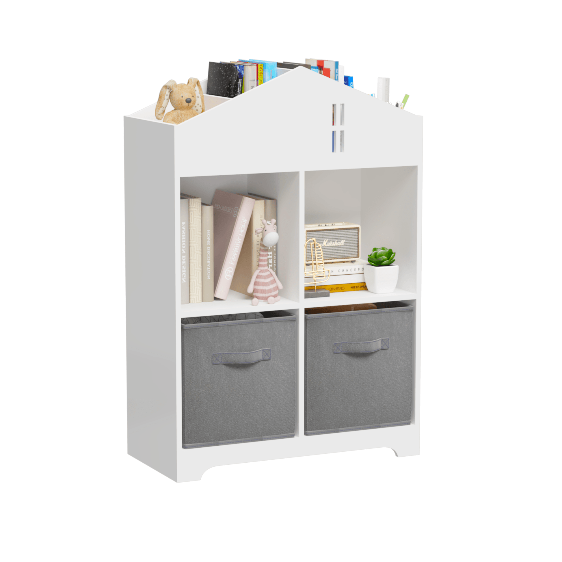 Kids Dollhouse Bookcase with Storage 2-Tier Storage Display Organizer (White/Gray) - FurniFindUSA