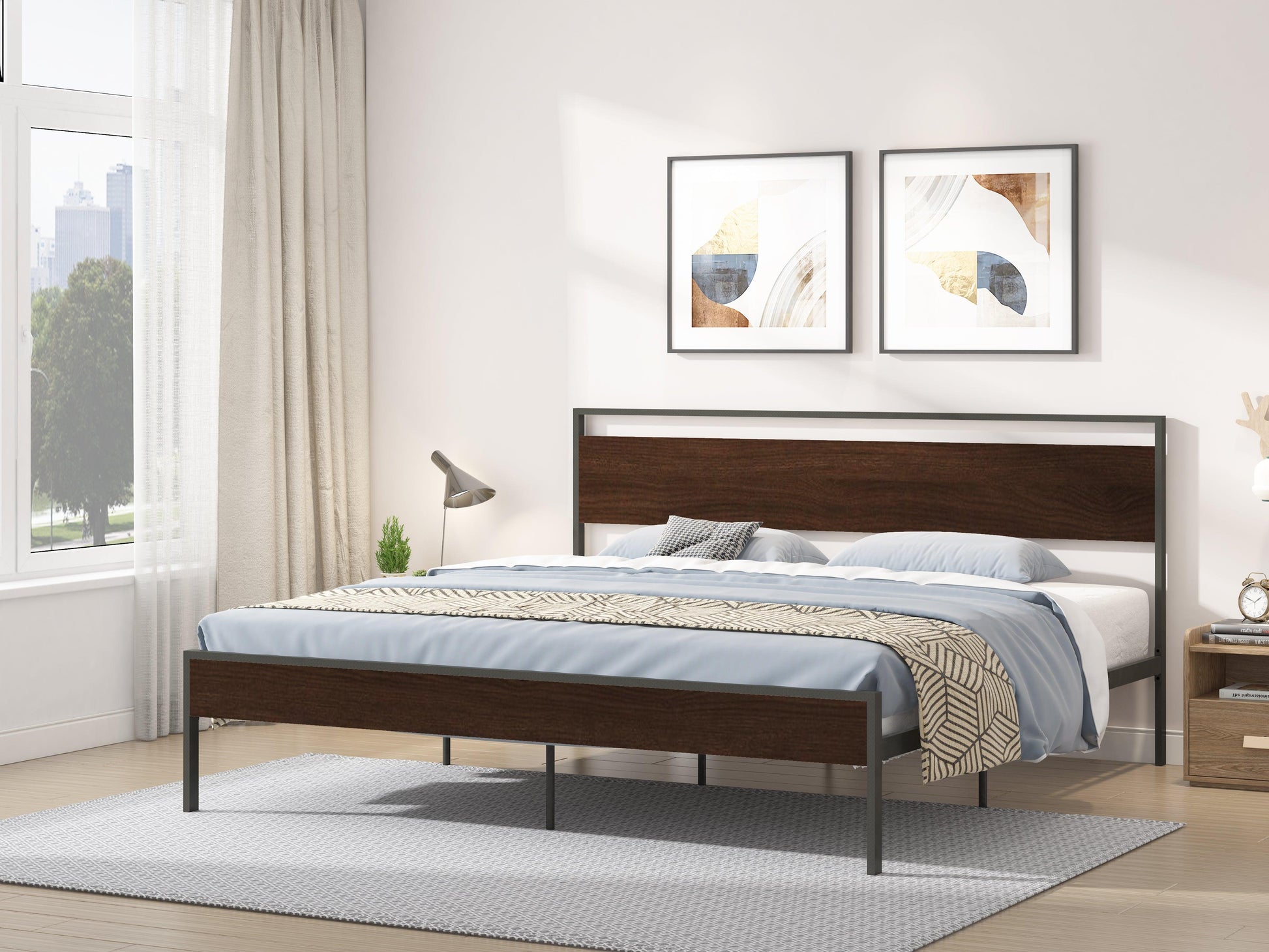 Ceres Metal Bed Black with Walnut wood Headboard&Footboard King - FurniFindUSA