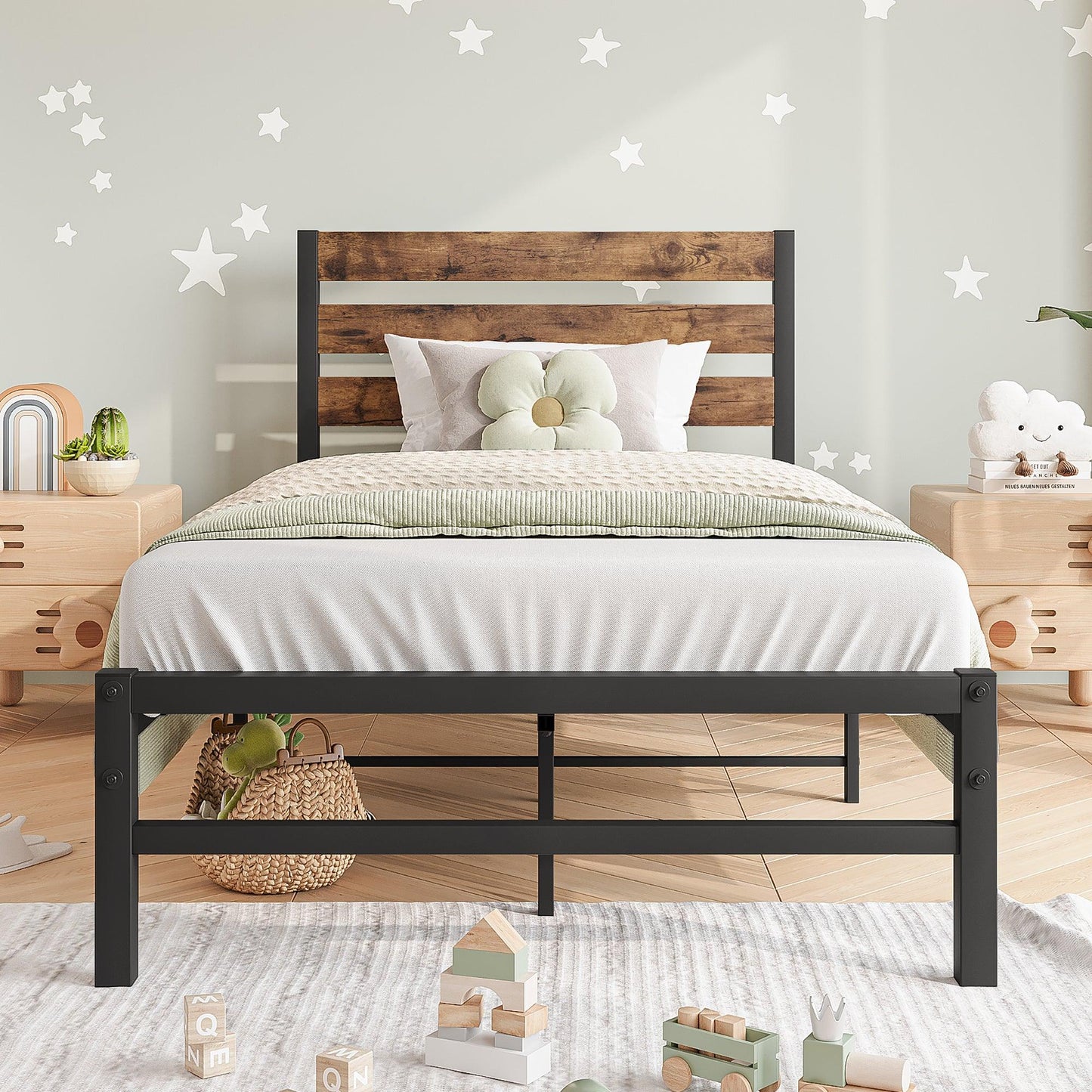 Twin Size Platform Bed Frame with Rustic Vintage Wood Headboard Strong Metal Slats Support Mattress Foundation Rustic Brown - FurniFindUSA