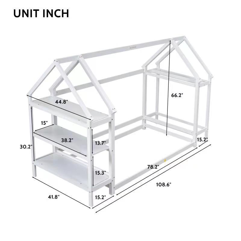 Twin House-Shaped Floor Bed with 2 Detachable Stands White - FurniFindUSA