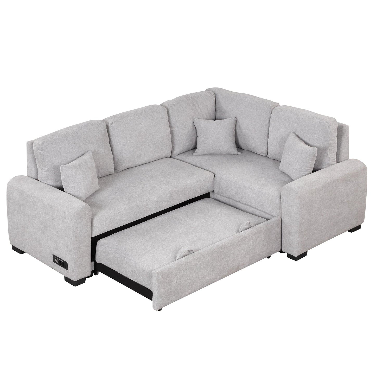 87.4"Sectional Sleeper Sofa with USB Charging Port and Plug Outlet Pull-Out Sofa Bed with 3 Pillows Grey - FurniFindUSA