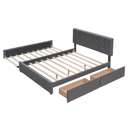 Upholstered Platform Bed with 2 Drawers and 1 Twin XL Trundle Linen Fabric Queen Size - Dark Gray - FurniFindUSA