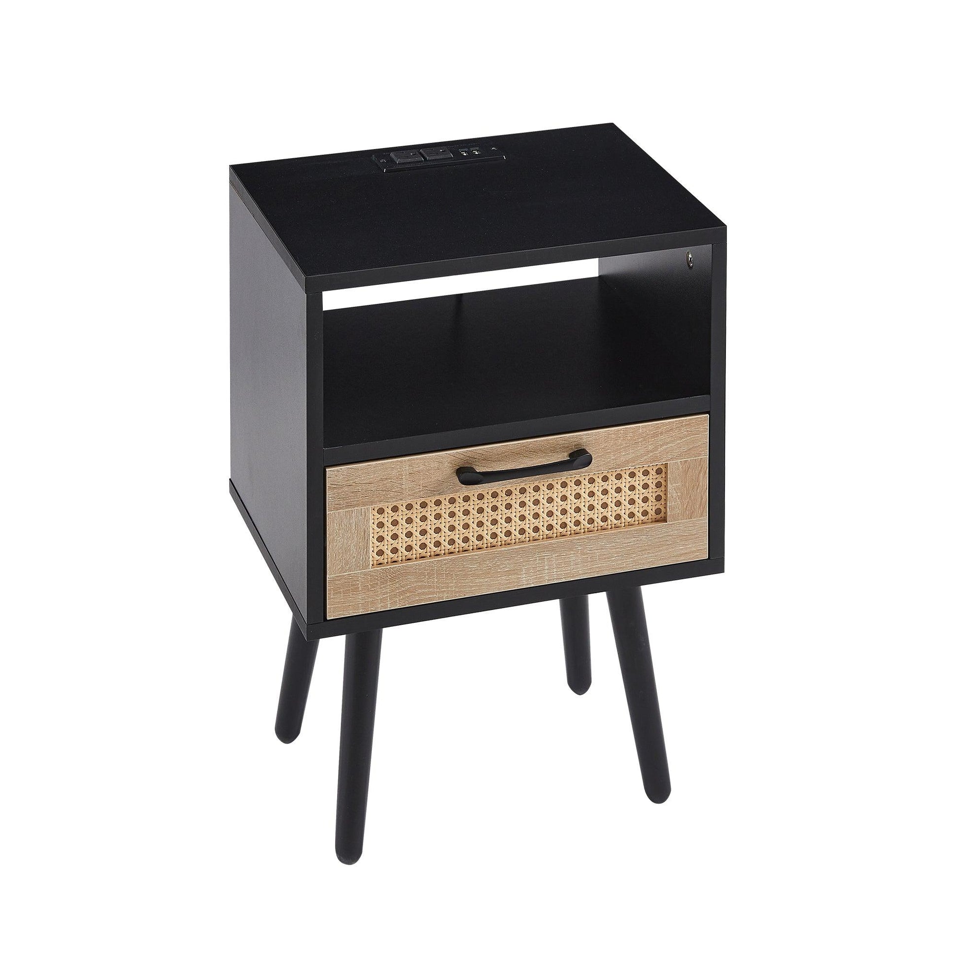 15.75" Rattan End table with Power Outlet & USB Ports Modern nightstand with drawer and solid wood legs black - FurniFindUSA