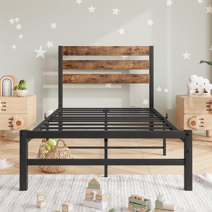 Twin Size Platform Bed Frame with Rustic Vintage Wood Headboard Strong Metal Slats Support Mattress Foundation Rustic Brown - FurniFindUSA