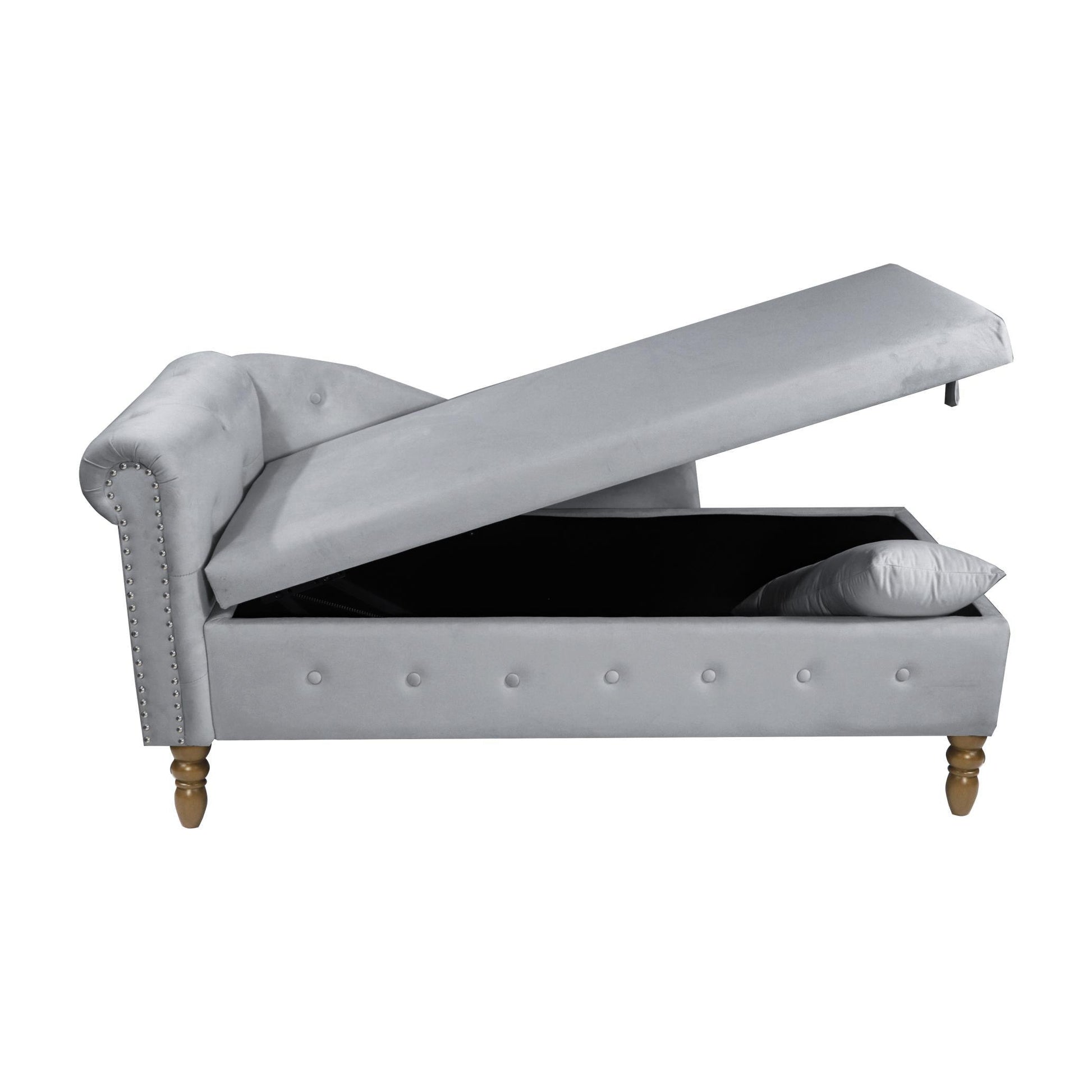 Velvet indoor chaise lounge with nailhead trim, storage and pillows, can be used in living room, bedroom, den - FurniFindUSA