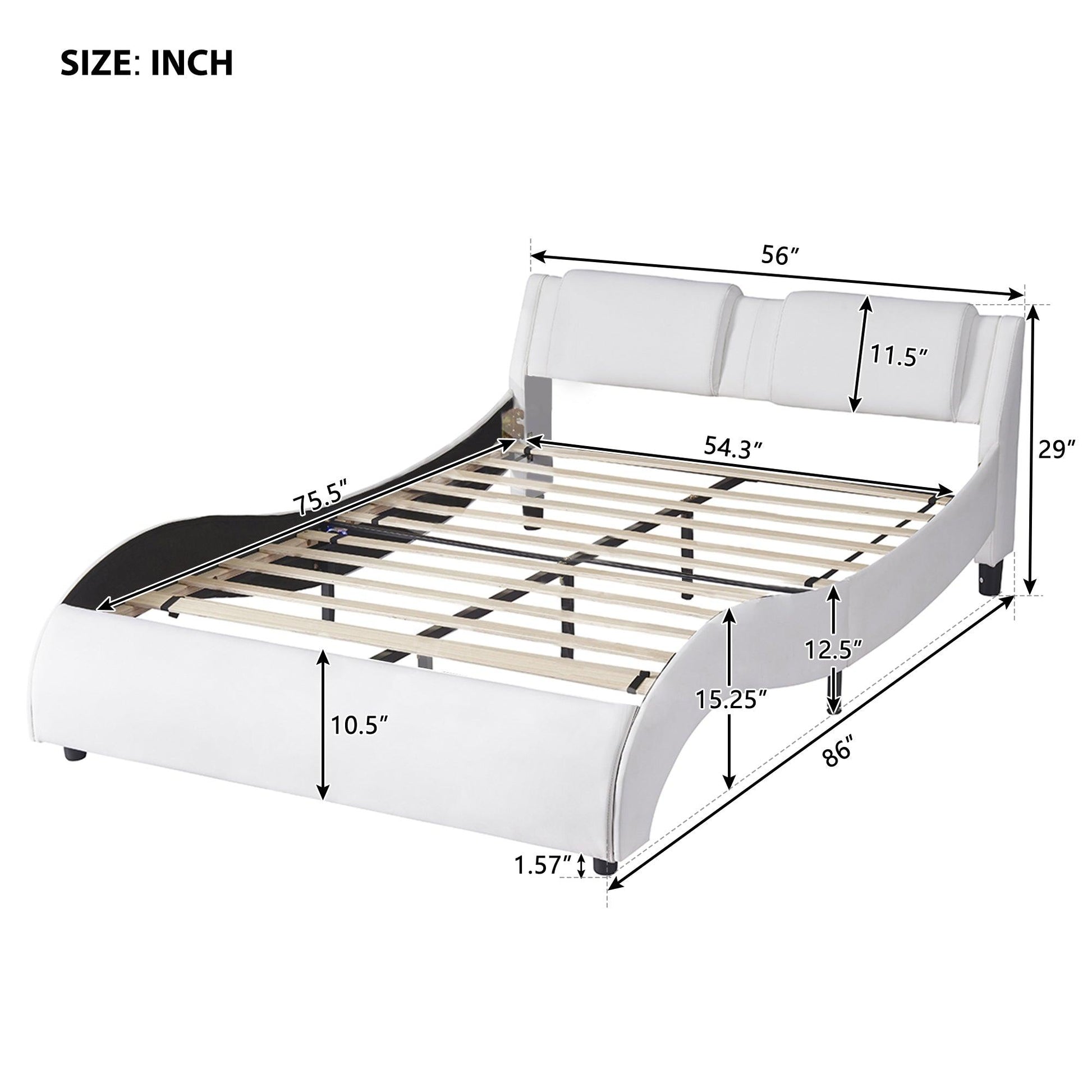 Full Size Upholstered Faux Leather Platform Bed with LED Light Bed Frame with Slatted - White - FurniFindUSA