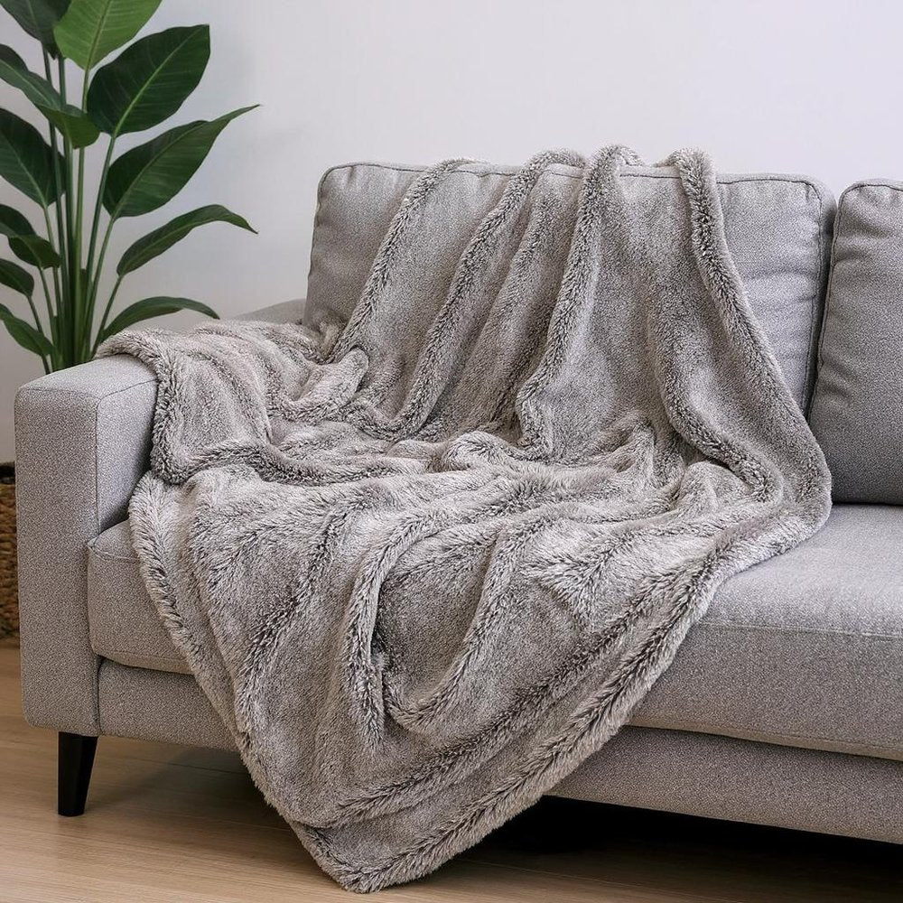 Gray Faux Fur Ombre Plush Throw HomeRoots