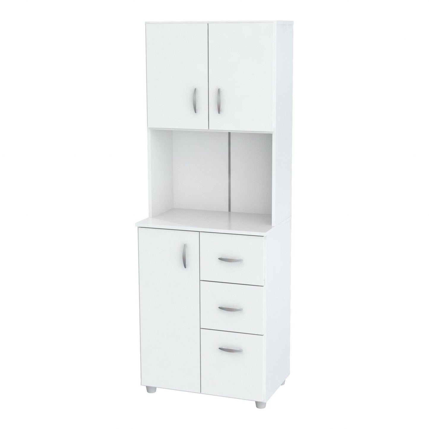 White Finish Wood High Low Full Size Microwave Cabinet - FurniFindUSA