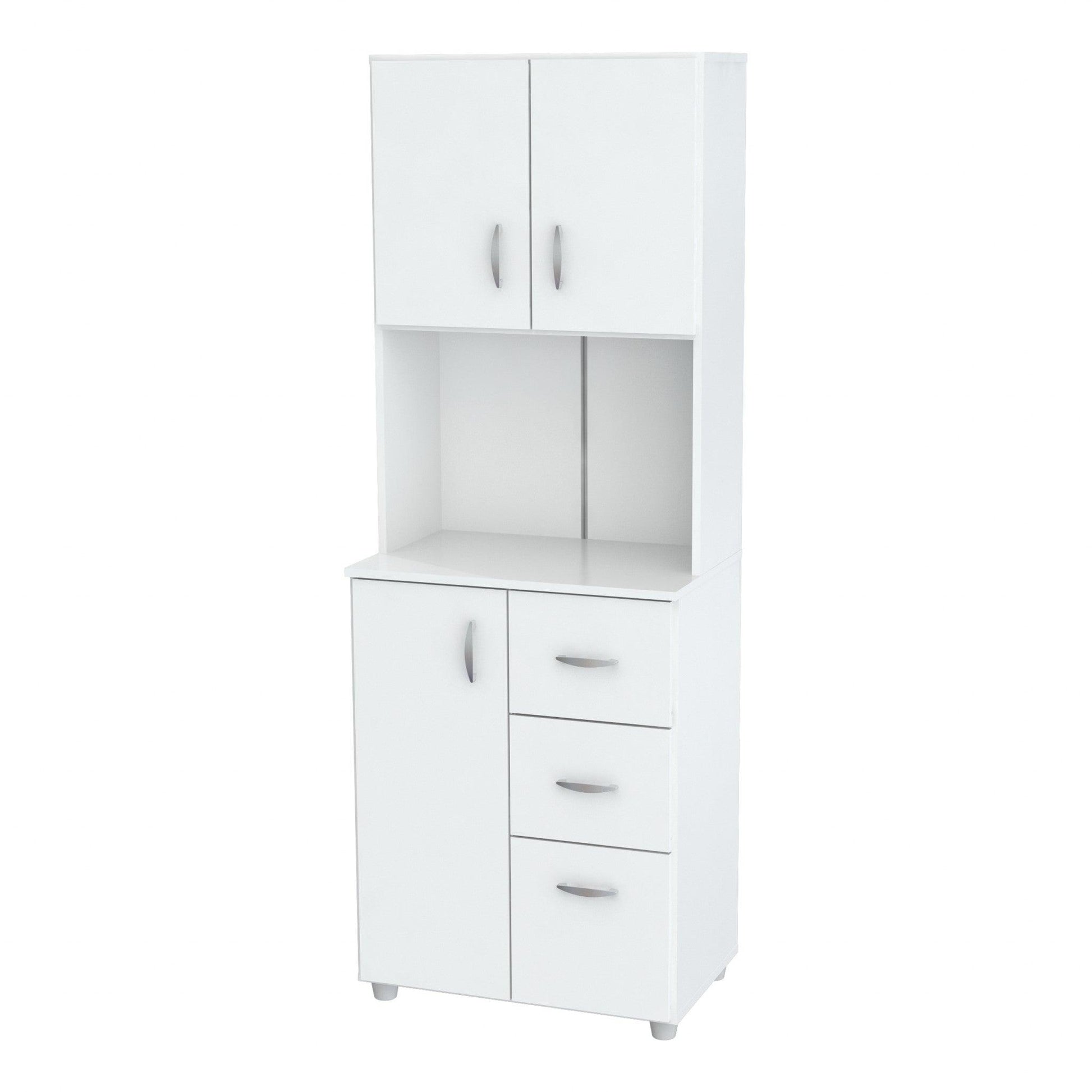 White Finish Wood High Low Full Size Microwave Cabinet - FurniFindUSA
