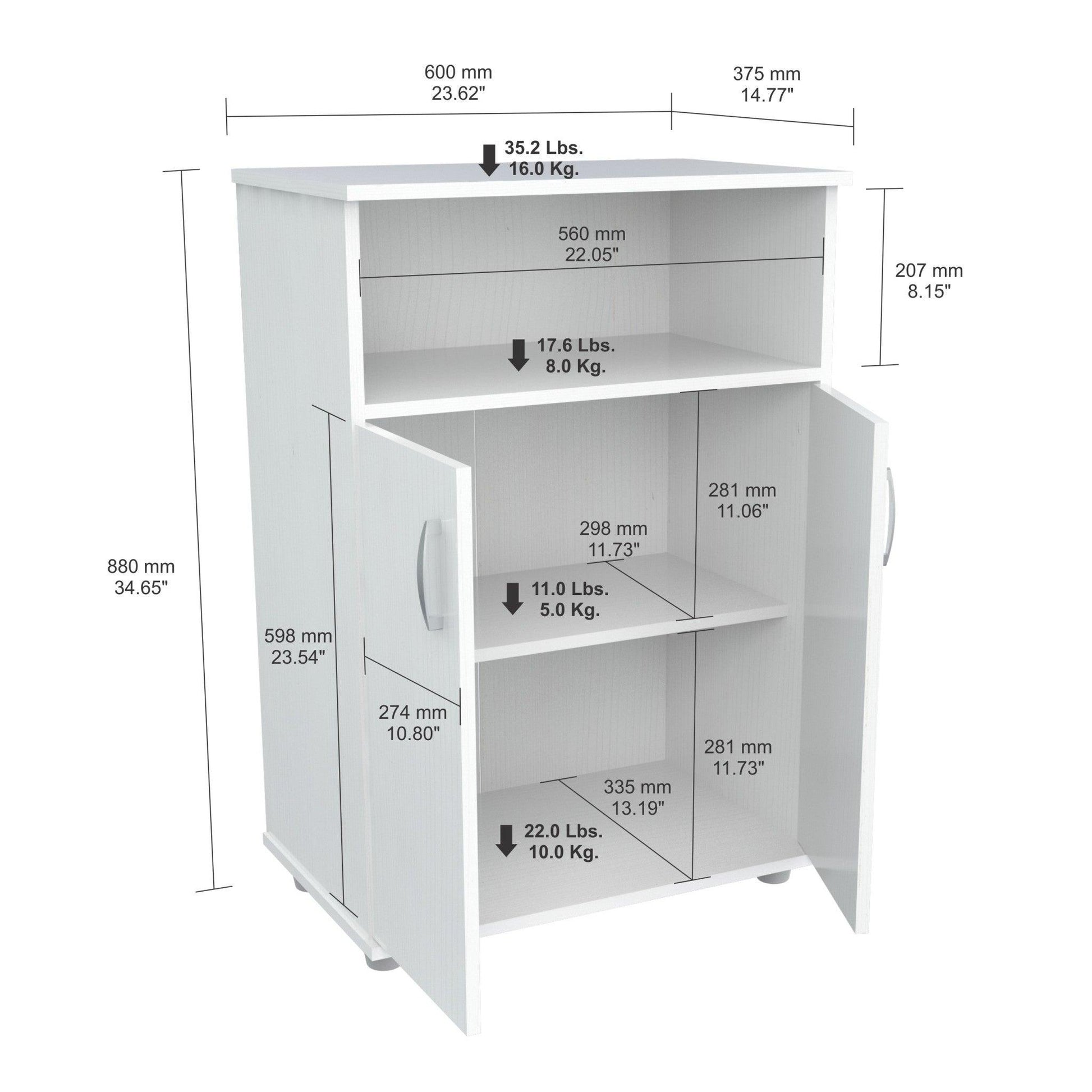 White Finish Wood Microwave Cart With Cabinet - FurniFindUSA