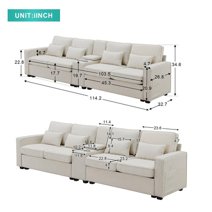 114.2" Upholstered Sofa with Console 2 Cupholders and 2 USB Ports Wired or Wirelessly Charged (4-Seat) - FurniFindUSA