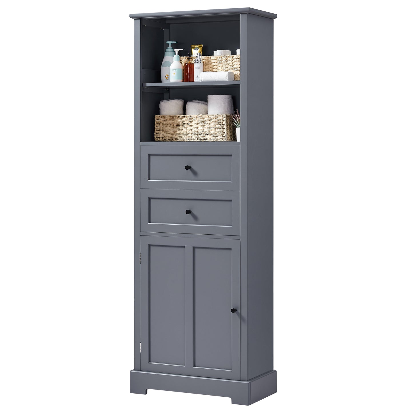 Bathroom Storage Cabinet, Tall Storage Cabinet with Two Drawers, Open Storage, Adjustable Shelf, Grey - FurniFindUSA