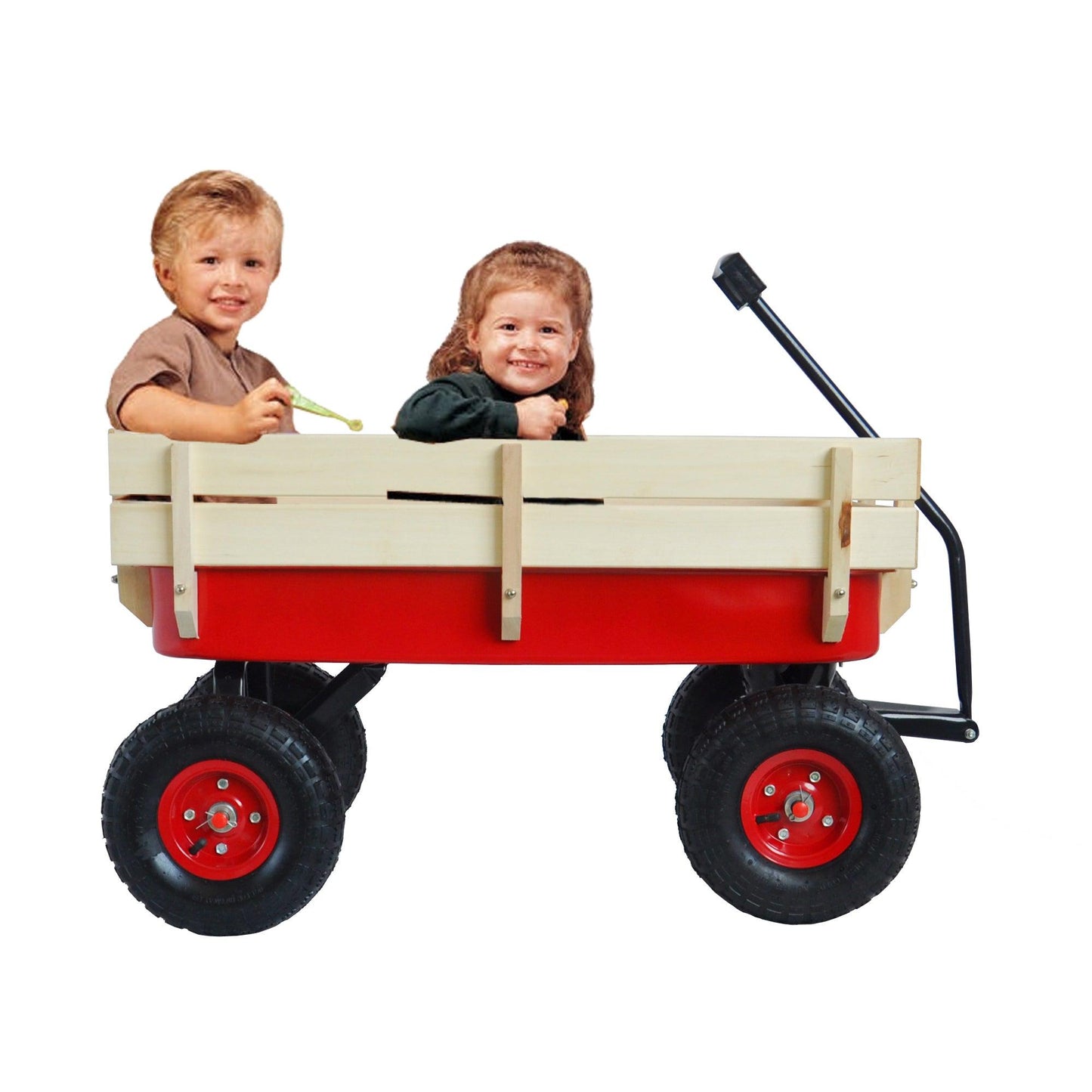 Outdoor Wagon All Terrain Pulling w/Wood Railing Air Tires Children Kid Garden（Red） - FurniFindUSA