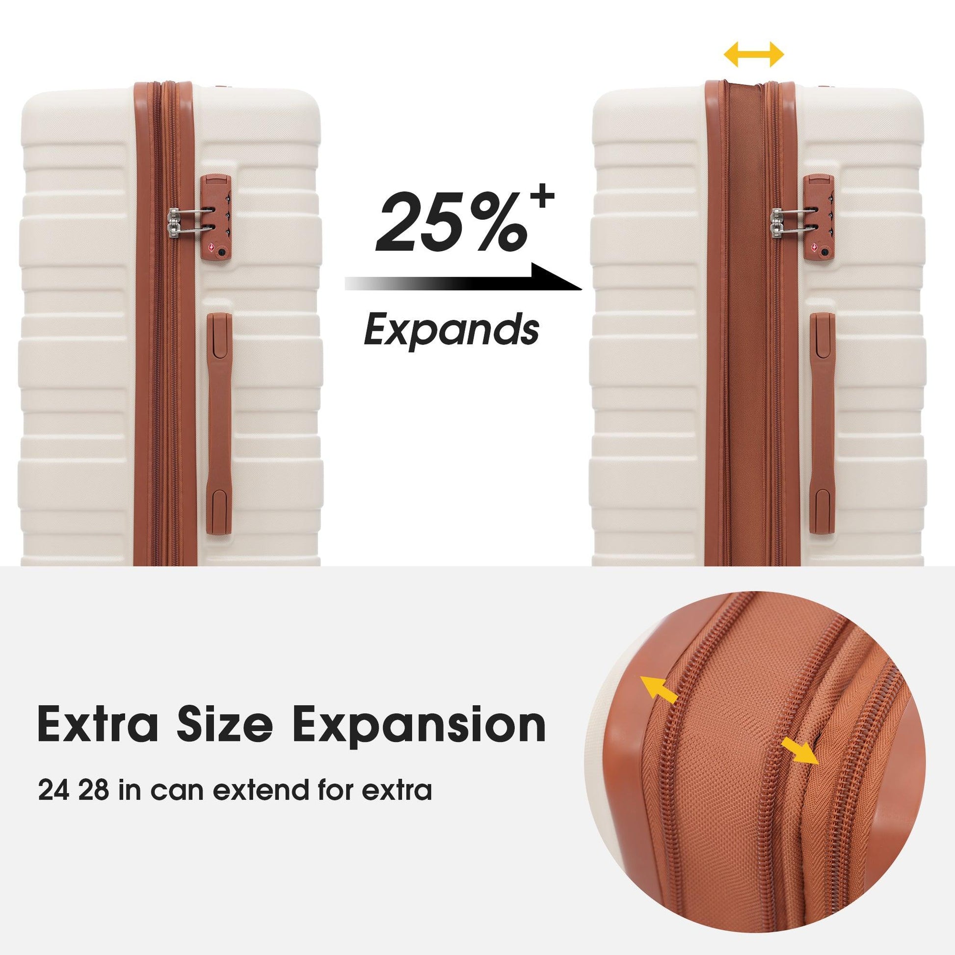 Hardshell Luggage Sets 3 Pcs Spinner Suitcase with TSA Lock Lightweight 20''24''28'' Brown+White + ABS - FurniFindUSA