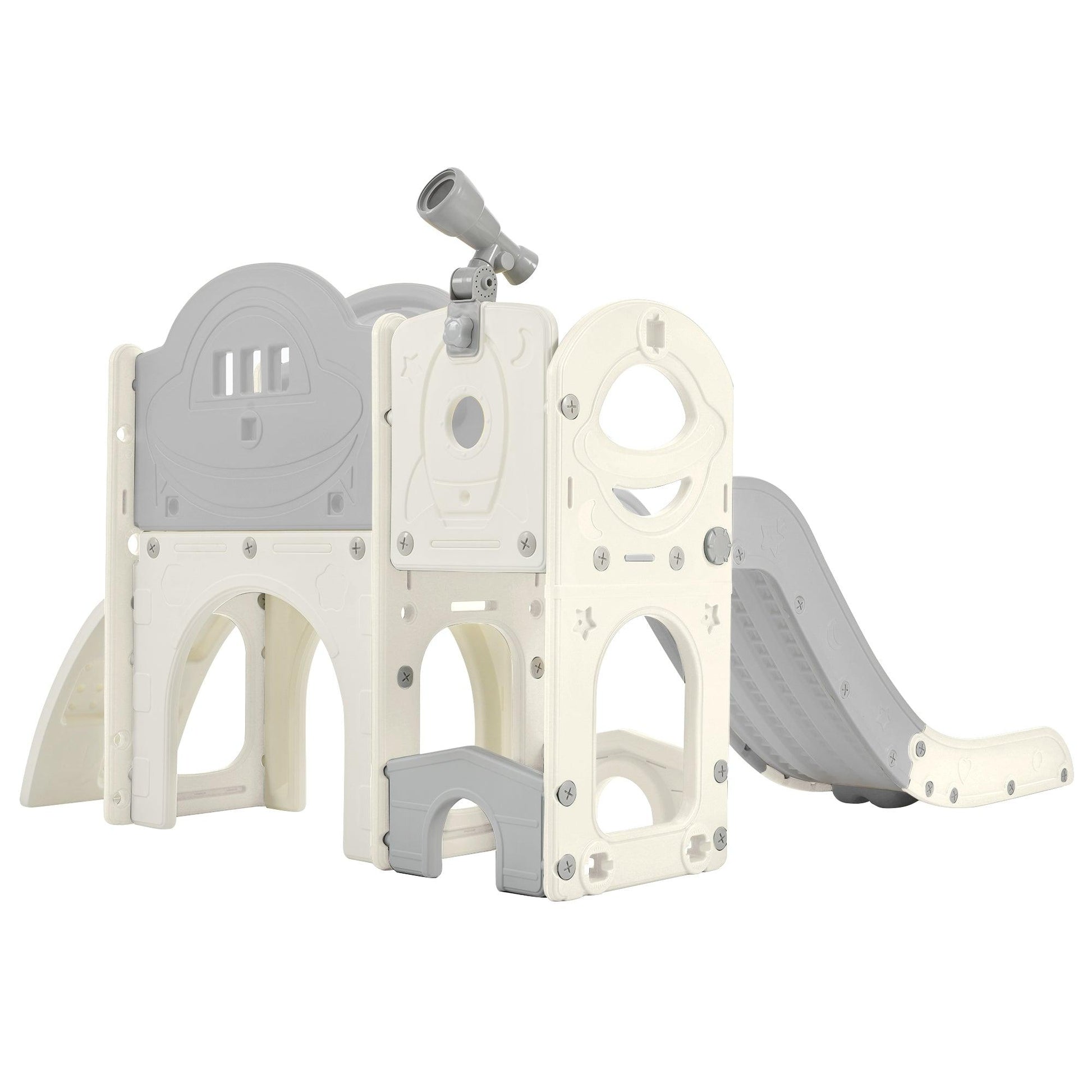 Kids Slide Playset Structure 7 in 1, Freestanding Spaceship Set with Slide, Arch Tunnel Grey+White + HDPE - FurniFindUSA