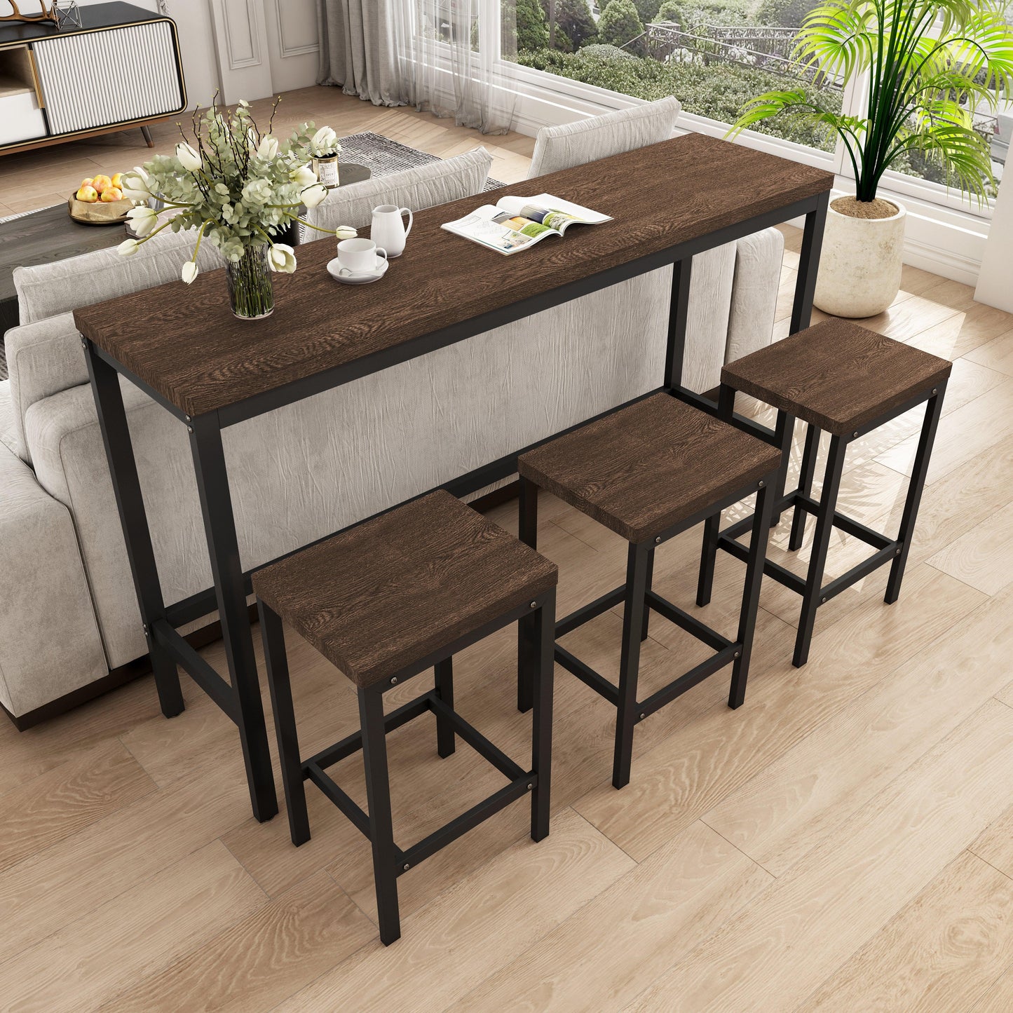 Modern Design Kitchen Dining Table Pub Table Long Dining Table Set with 3 Stools Easy Assembly Dark Brown - FurniFindUSA