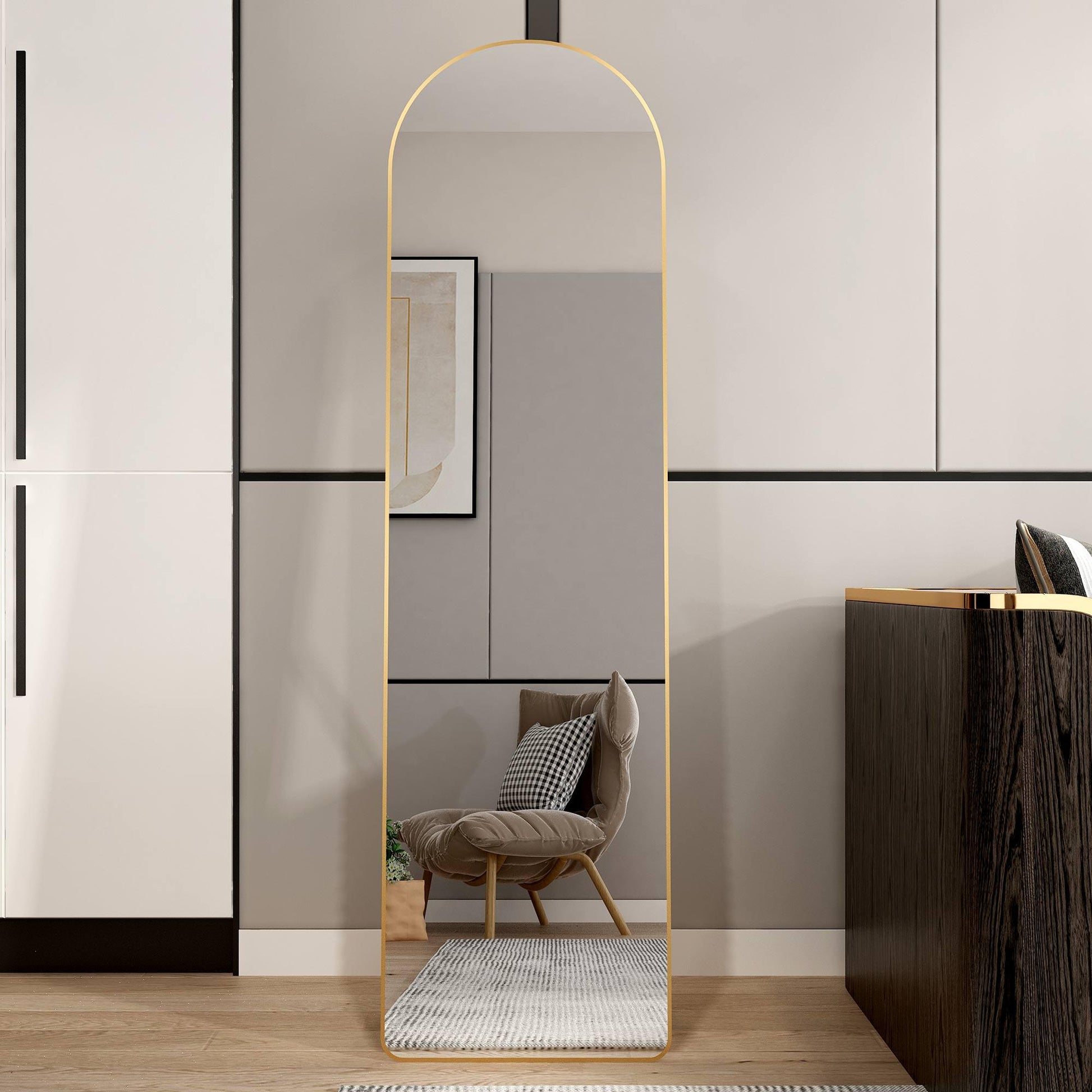 The 1st generation of floor mounted full length mirrors Aluminum alloy metal frame arched wall mirror bathroom makeup mirror - FurniFindUSA