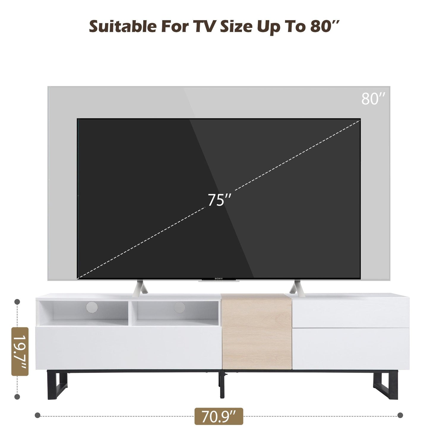 Modern TV Stand for 80'' TV with Double Storage Space Media Console Table Entertainment Center with Drop Down Door - FurniFindUSA