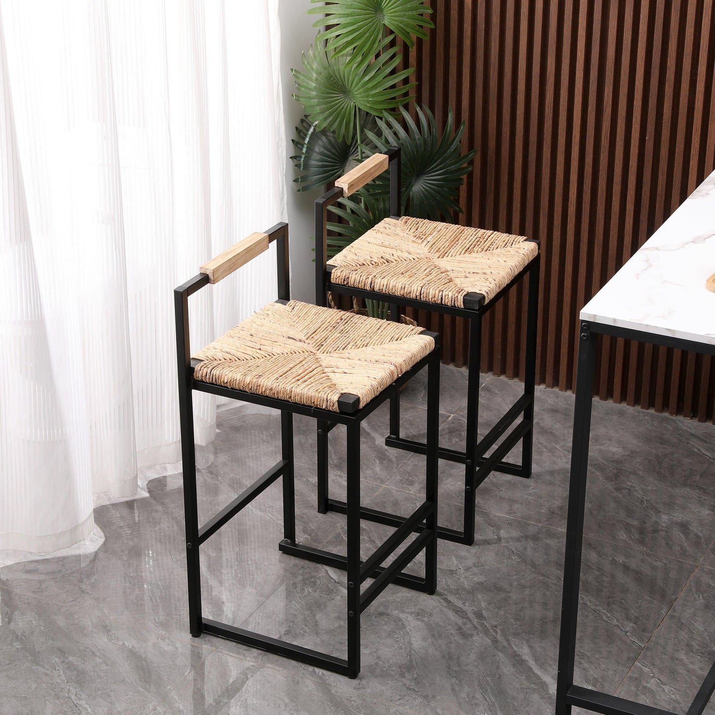 Set of 2 Water Hyacinth Woven Bar Stools with Back Support Counter Height Dining Chairs (Water Hyacinth with Back) - FurniFindUSA