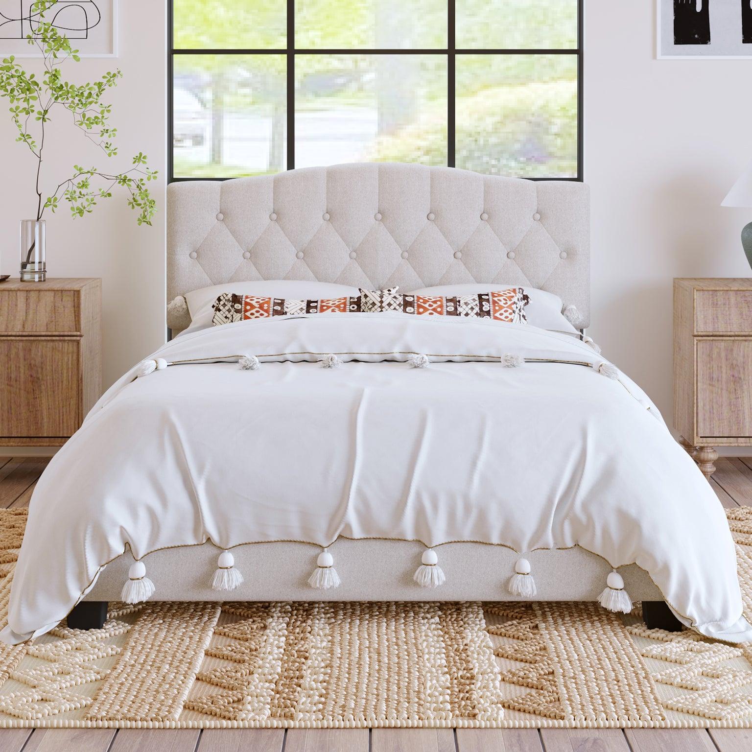 Upholstered Platform Bed with Saddle Curved Headboard and Diamond Tufted Details Queen Beige - FurniFindUSA