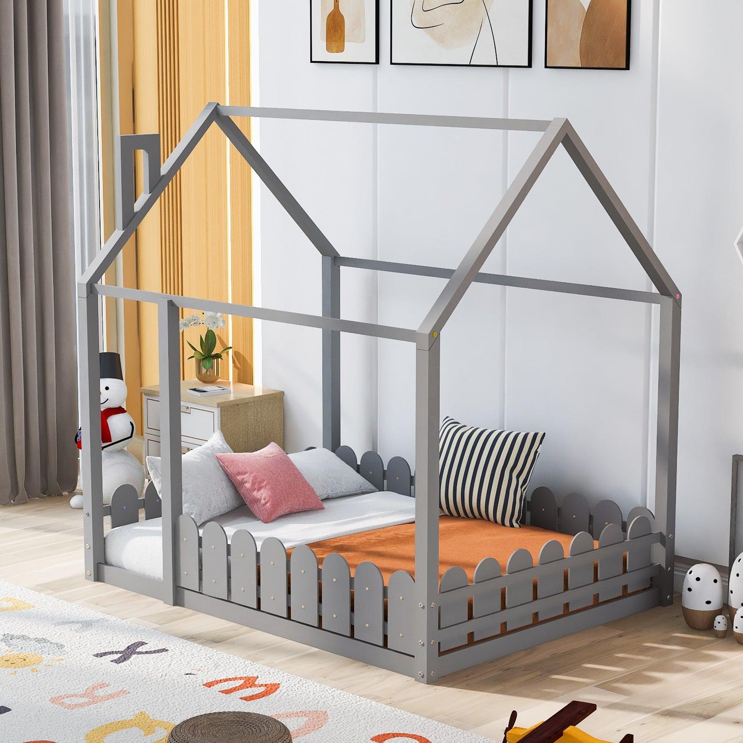 (Slats are not included)Full Size Wood Bed House Bed Frame with Fence for Kids Teens Girls Boys (Gray ) - FurniFindUSA