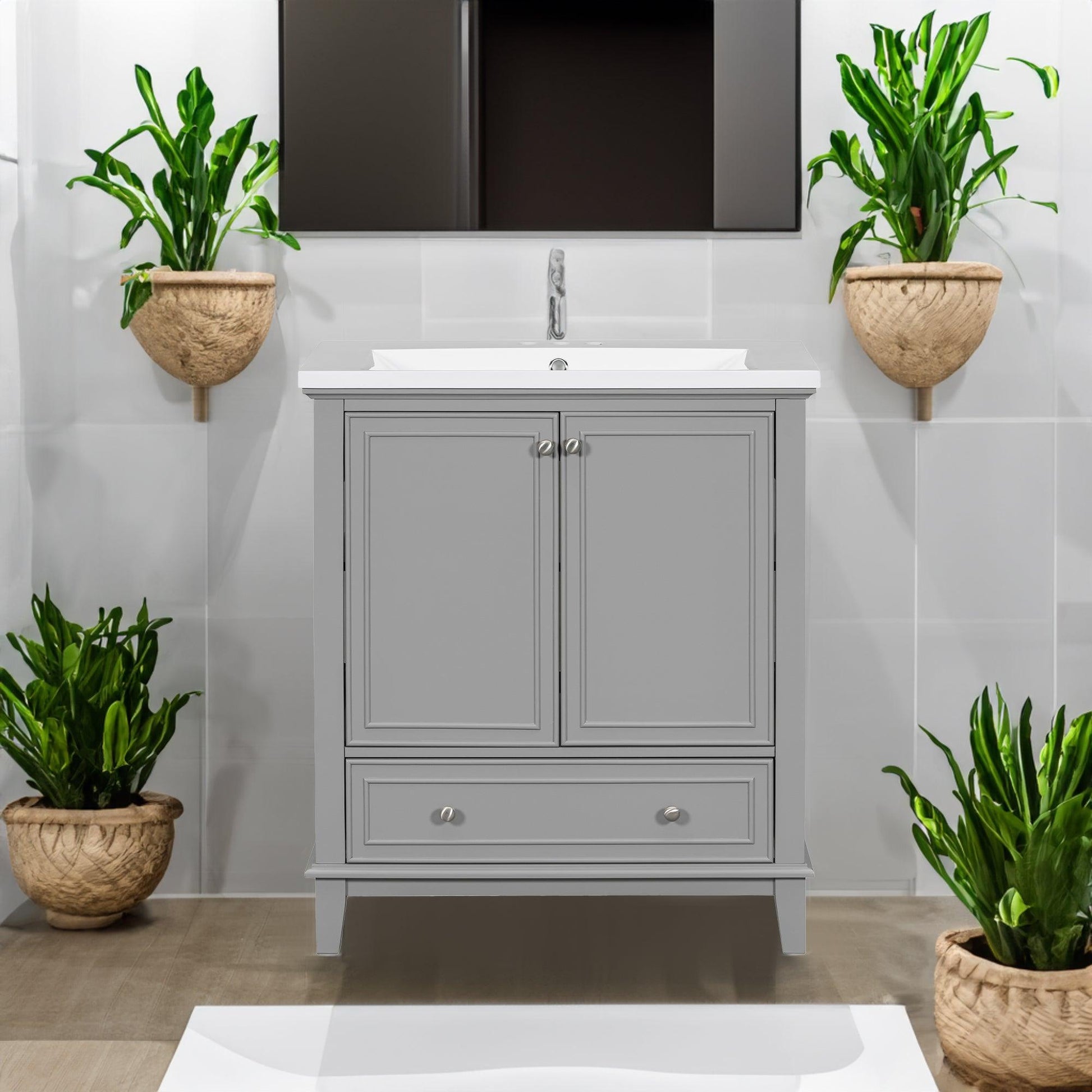 30inchgrey Bathroom Vanity with Sink ComboMulti-functional Bathroom Cabinet with Doors and Drawer Solid Frame and MDF Board - FurniFindUSA