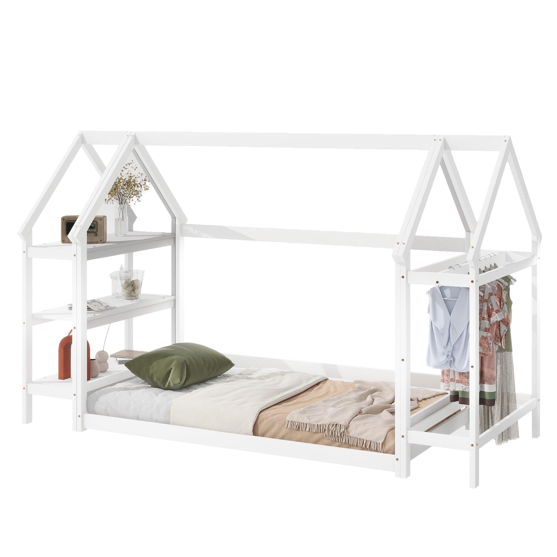 Twin House-Shaped Floor Bed with 2 Detachable Stands White - FurniFindUSA