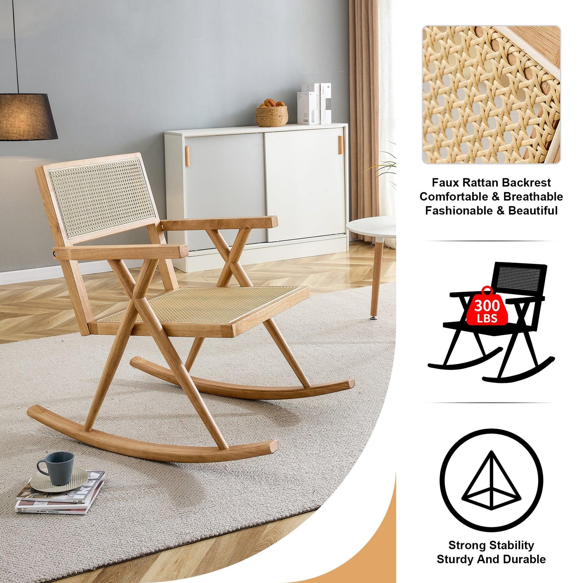 Solid wood+imitation rattan rocking chair allows you to relax quietly indoors and outdoors enhancing your sense of relaxation - FurniFindUSA