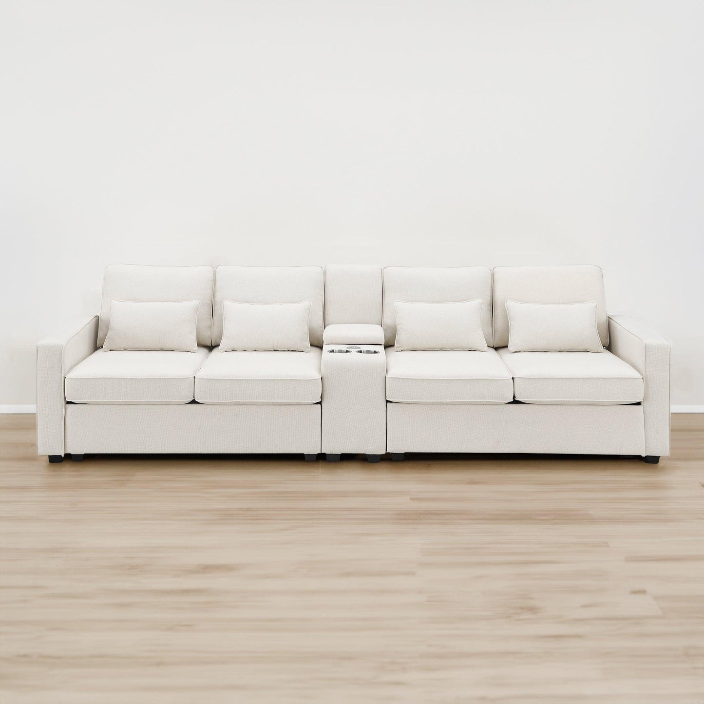 114.2" Upholstered Sofa with Console 2 Cupholders and 2 USB Ports Wired or Wirelessly Charged (4-Seat) - FurniFindUSA