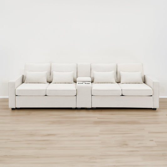 114.2" Upholstered Sofa with Console 2 Cupholders and 2 USB Ports Wired or Wirelessly Charged (4-Seat) - FurniFindUSA