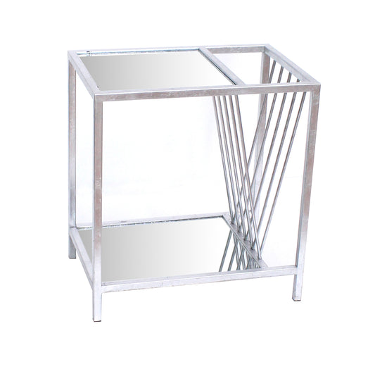 24" Silver Mirrored Glass And Iron End Table With Shelf