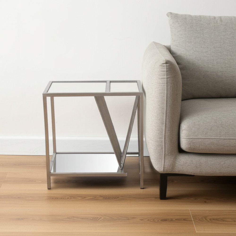 24" Silver Mirrored Glass And Iron End Table With Shelf HomeRoots