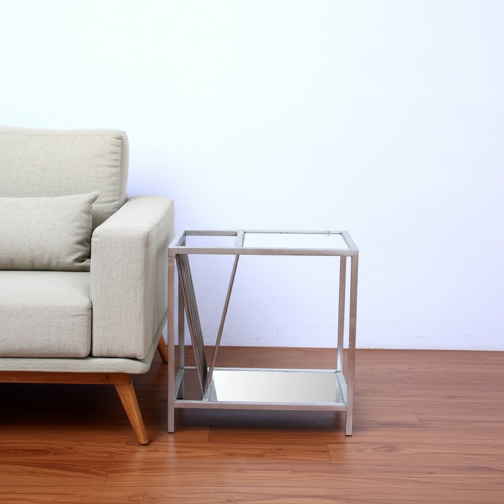 24" Silver Mirrored Glass And Iron End Table With Shelf HomeRoots