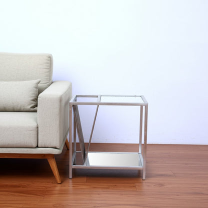 24" Silver Mirrored Glass And Iron End Table With Shelf HomeRoots