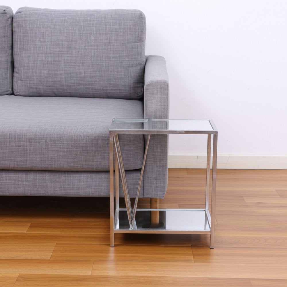 24" Silver Mirrored Glass And Iron End Table With Shelf HomeRoots