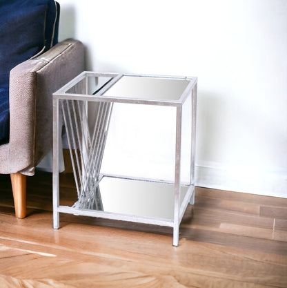 24" Silver Mirrored Glass And Iron End Table With Shelf