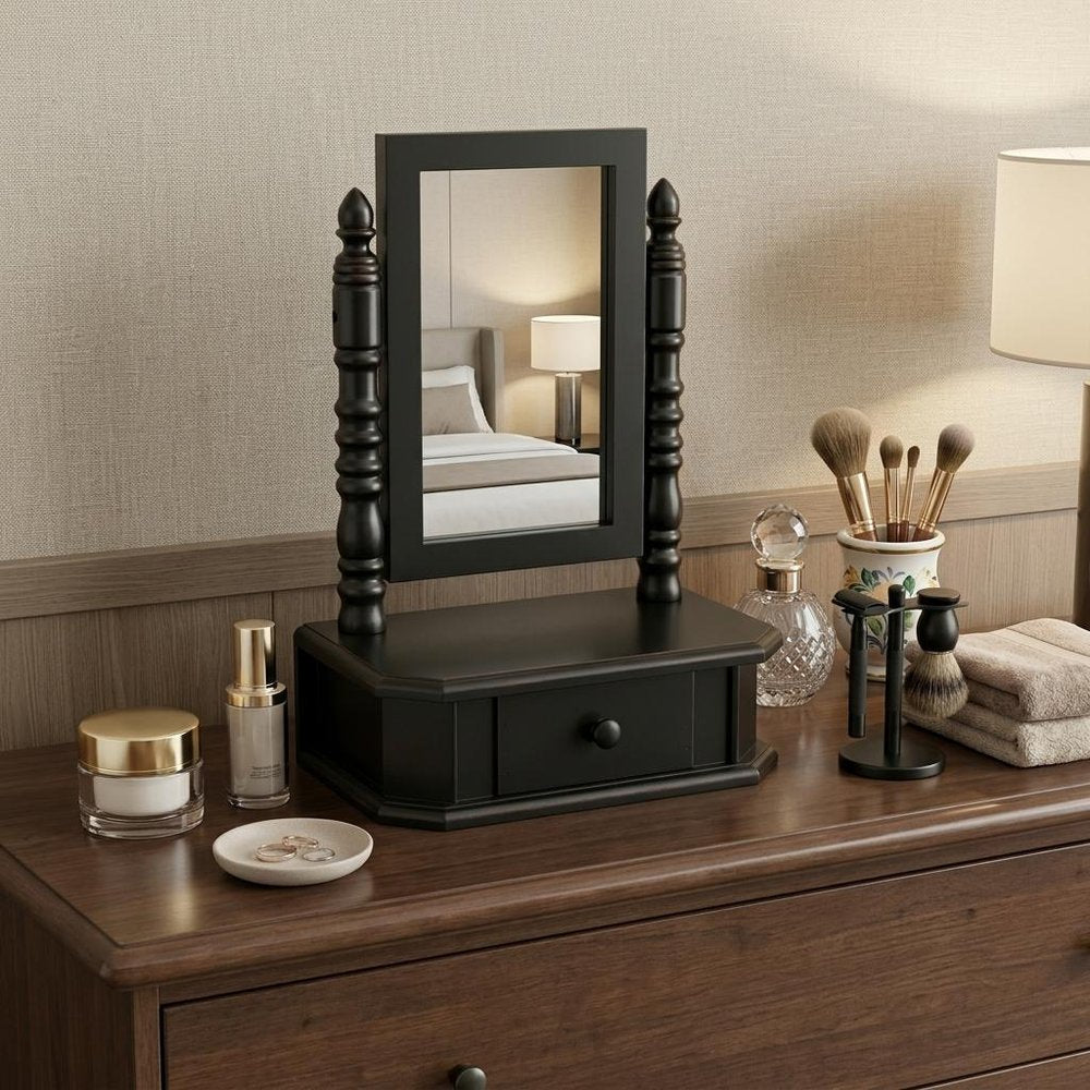 20" Black Wood Framed Freestanding Makeup Shaving Tabletop Mirror HomeRoots