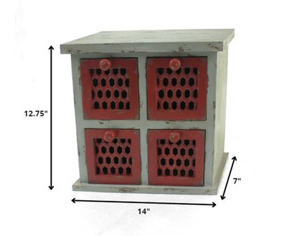 14" Red And White Distressed Wood Four Drawer Desk Organizer HomeRoots