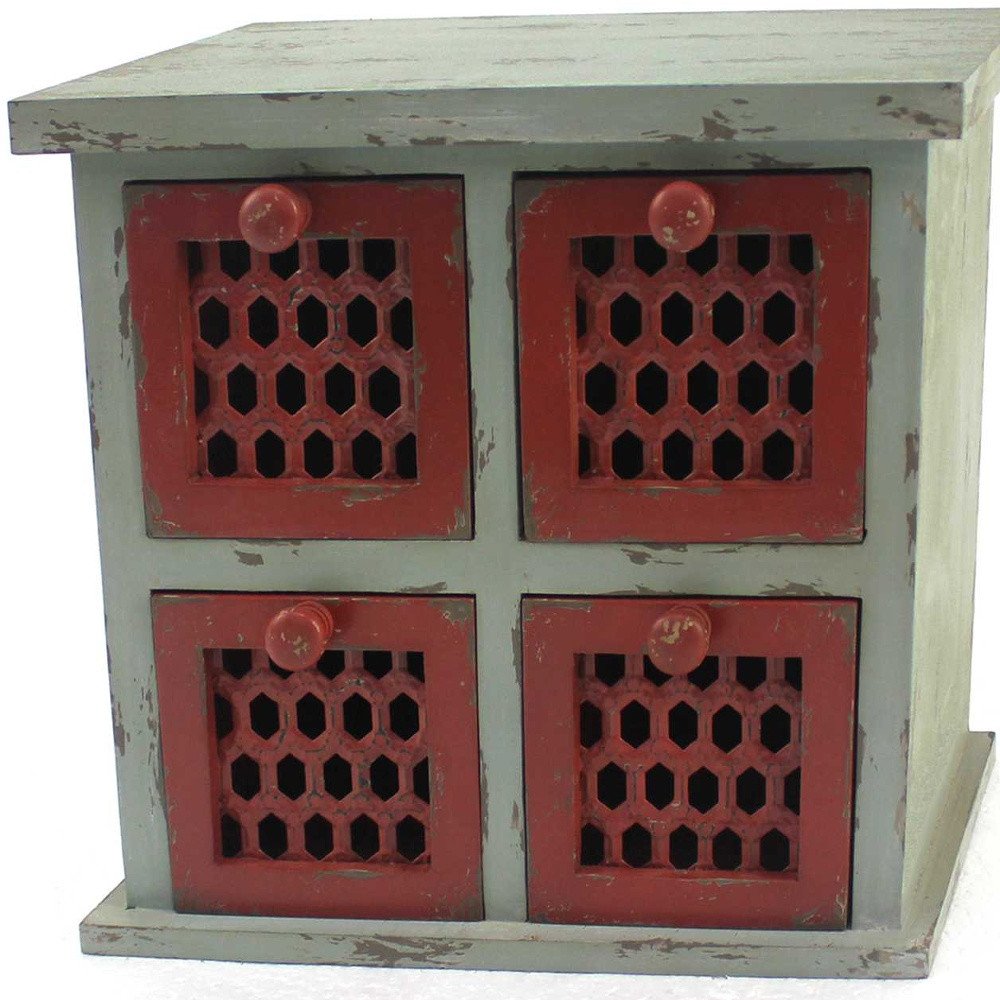 14" Red And White Distressed Wood Four Drawer Desk Organizer HomeRoots