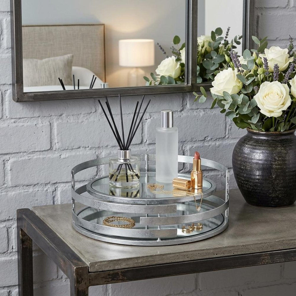 14" Silver Round Metal Geometric Vanity Tray HomeRoots