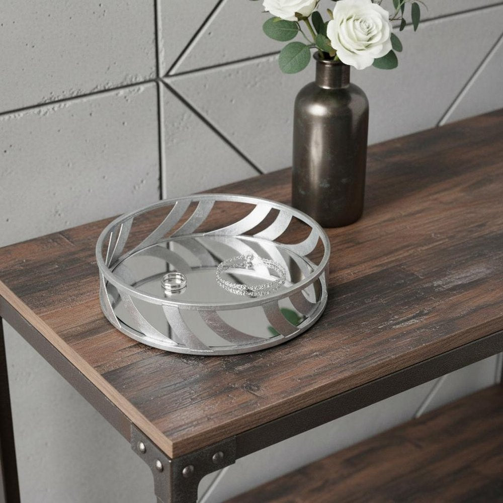 14" Silver Round Metal Geometric Vanity Tray HomeRoots