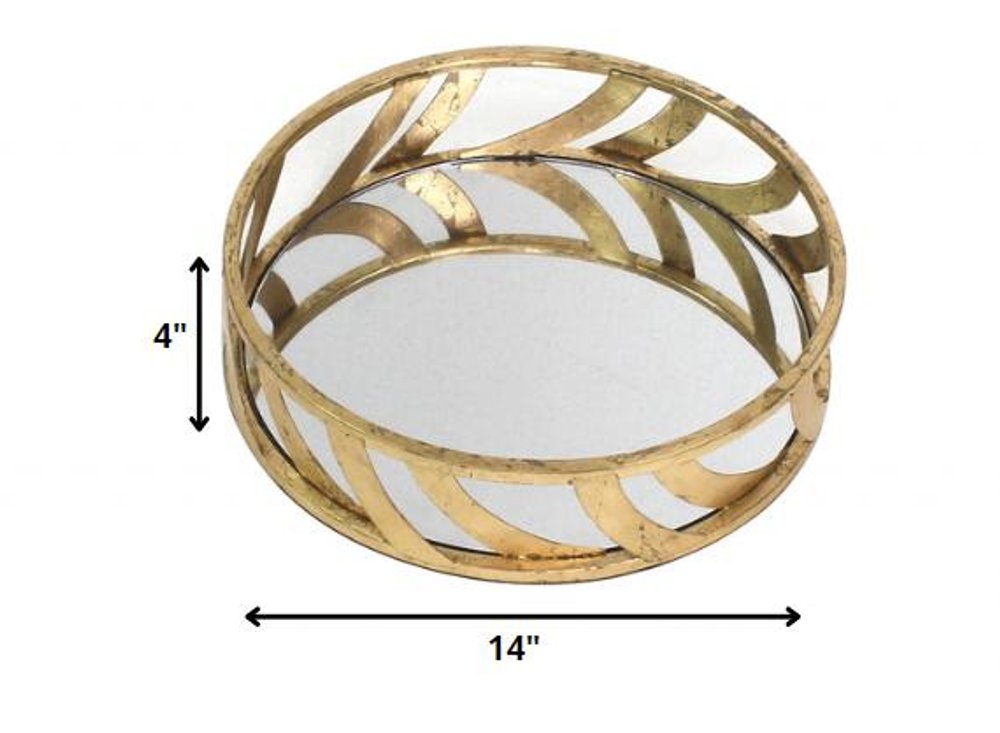14" Gold Round Metal Geometric Vanity Tray HomeRoots