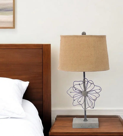 28" Distressed Gray Metal Novelty Bedside Lamp With Khaki Drum Shade HomeRoots