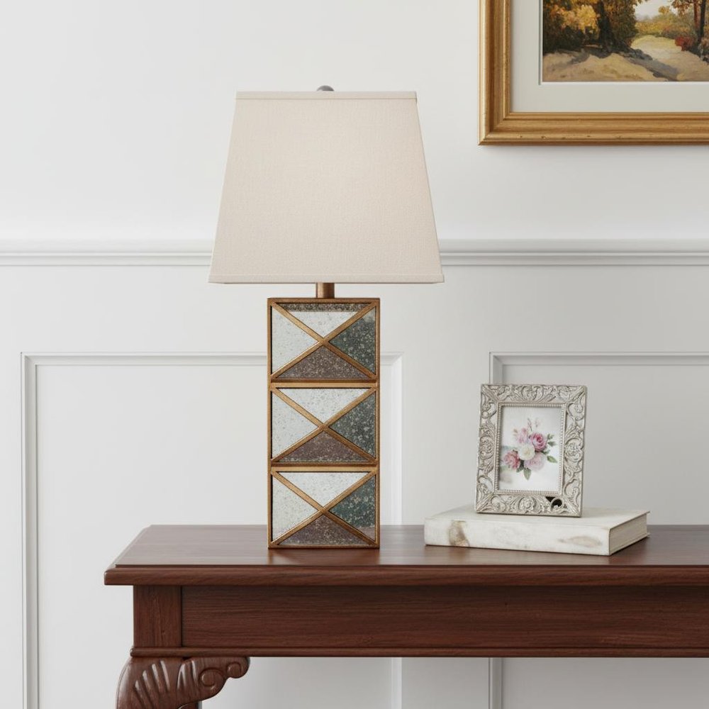 28" Distressed Gold And Silver Metal Bedside Lamp With Beige Shade HomeRoots