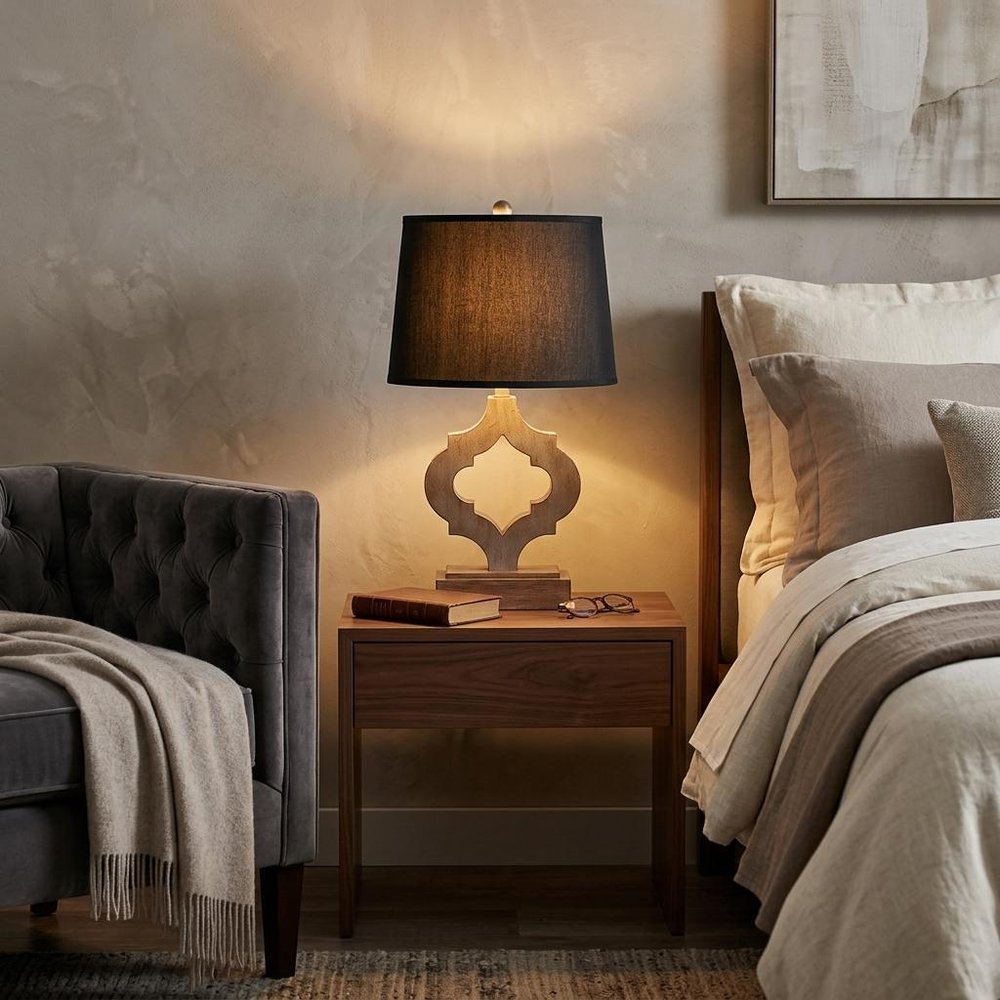 25" Distressed Brown Wood Novelty Bedside Lamp With Black Drum Shade HomeRoots