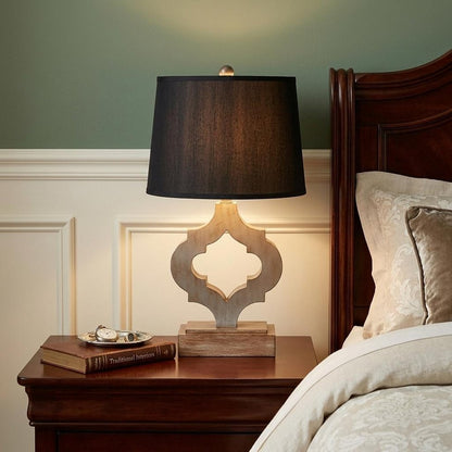 25" Distressed Brown Wood Novelty Bedside Lamp With Black Drum Shade HomeRoots