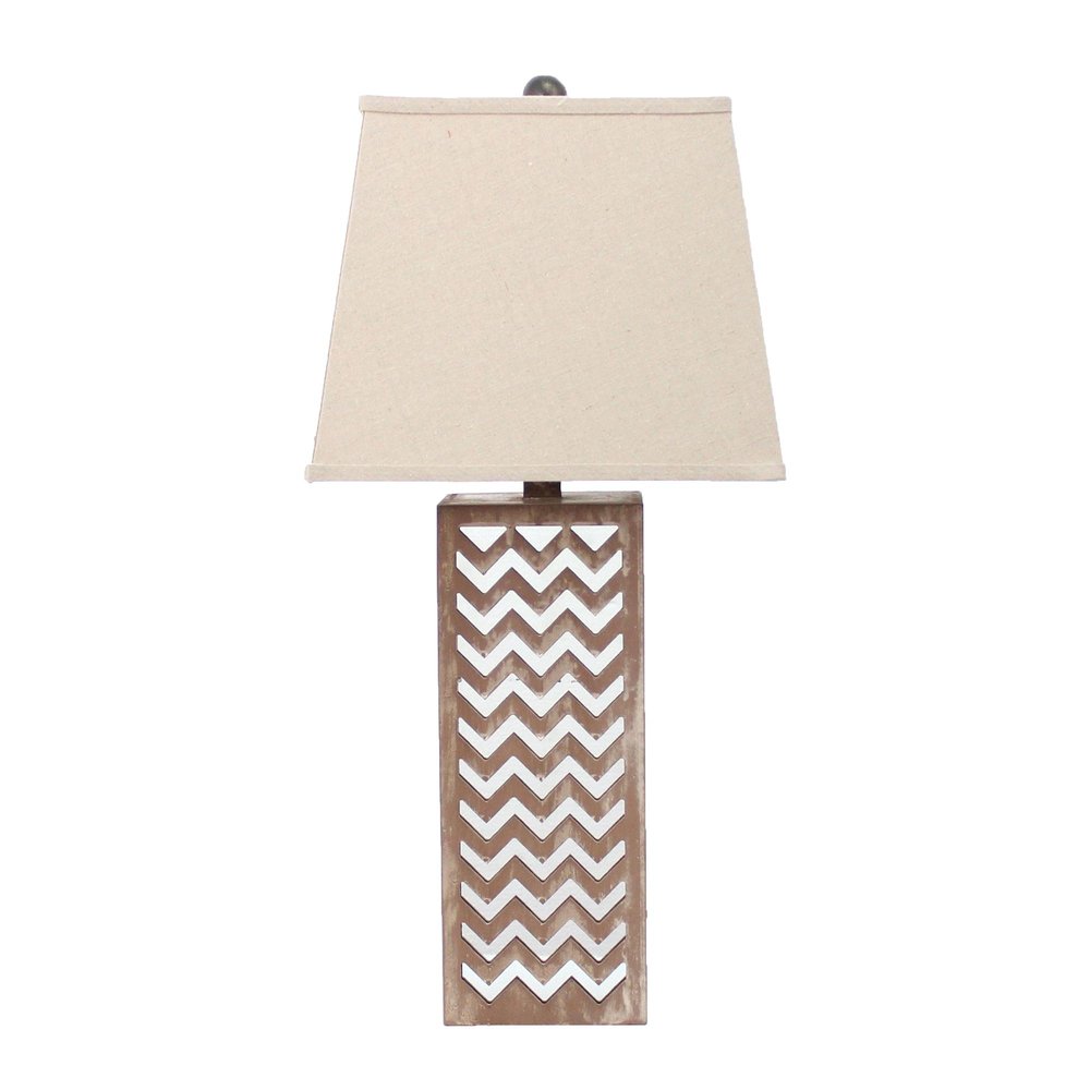 28" Distressed Natural And Silver Metal Bedside Lamp With Beige Cone Shade HomeRoots